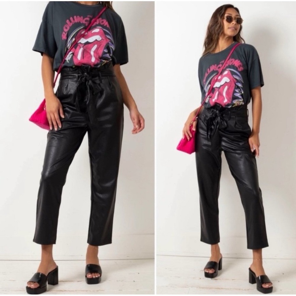 NWT Commando Faux Leather Belted Paper Bag Women High Waist Pants Black Sz L